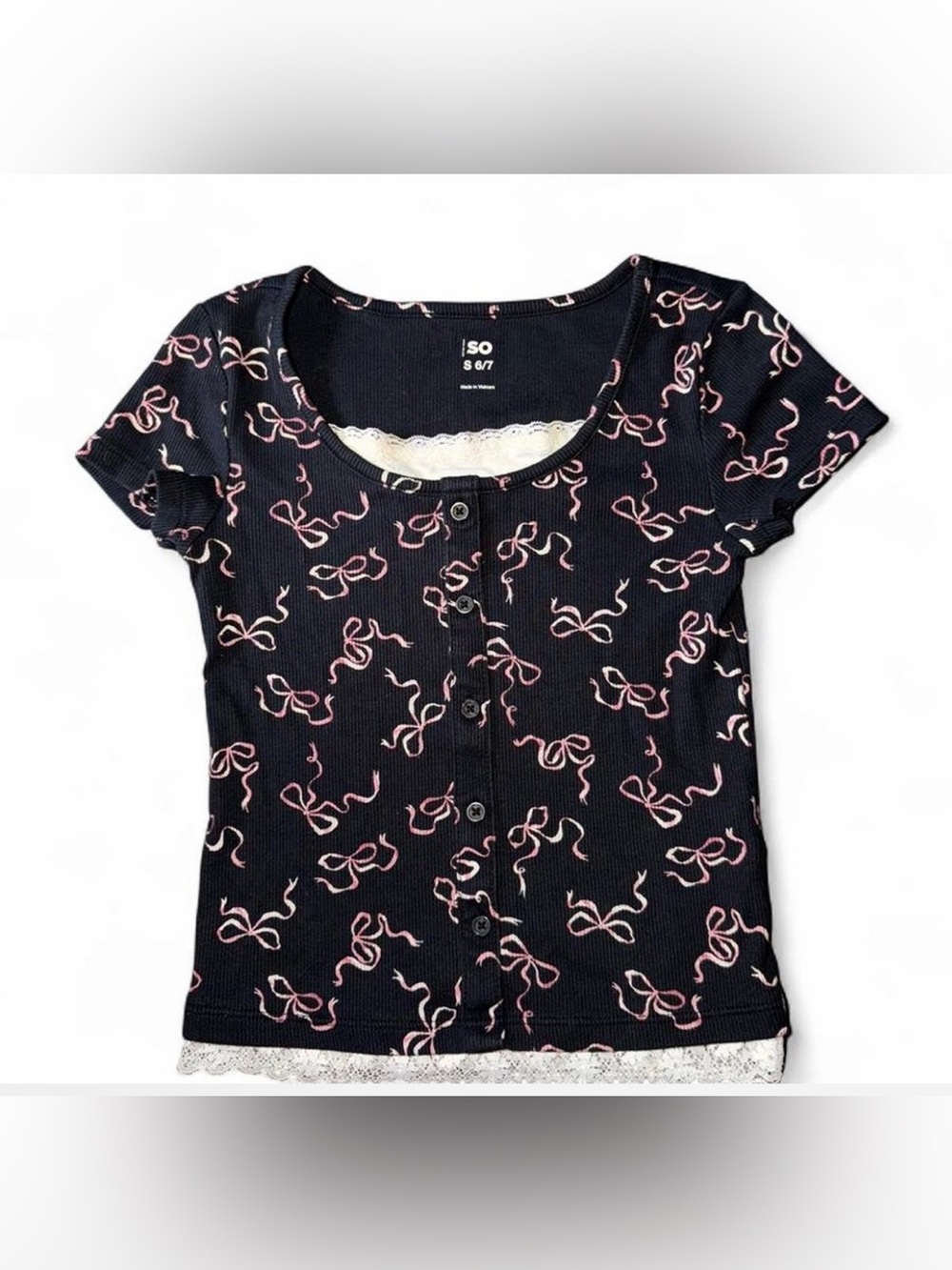 SO black&pink ribbed bow lace trim baby tee size small